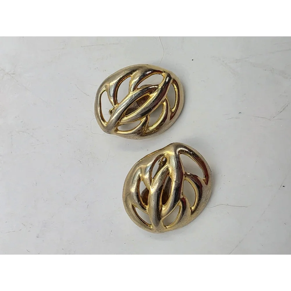 Vintage Gold Tone Abstract Openwork Oval Clip On Earrings Statement Jewelry